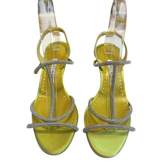 Manolo Blahnik Lucecry Satin Green Yellow Crystal Strappy High Heel Sandals 38 - Picture 4 of 14